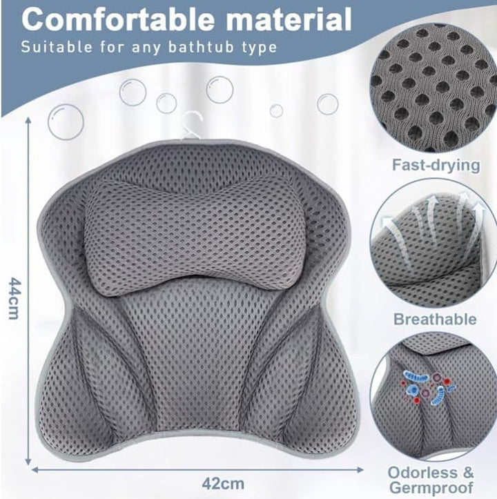 Bath Pillow 4D Luxury Bath Spa Pillow Neck and Back Support, Bathtub Headrest Cushion Pillow Non-Slip with Suction Cups (A)
