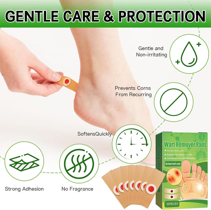 Wart Remover, 30Pcs Verruca Treatment, Plantar Wart Remover for Hands, Feet, Effective Deep Verruca Removal Pads Patches, Pain Relief, Non-Irritating Wart Treatment for Adults
