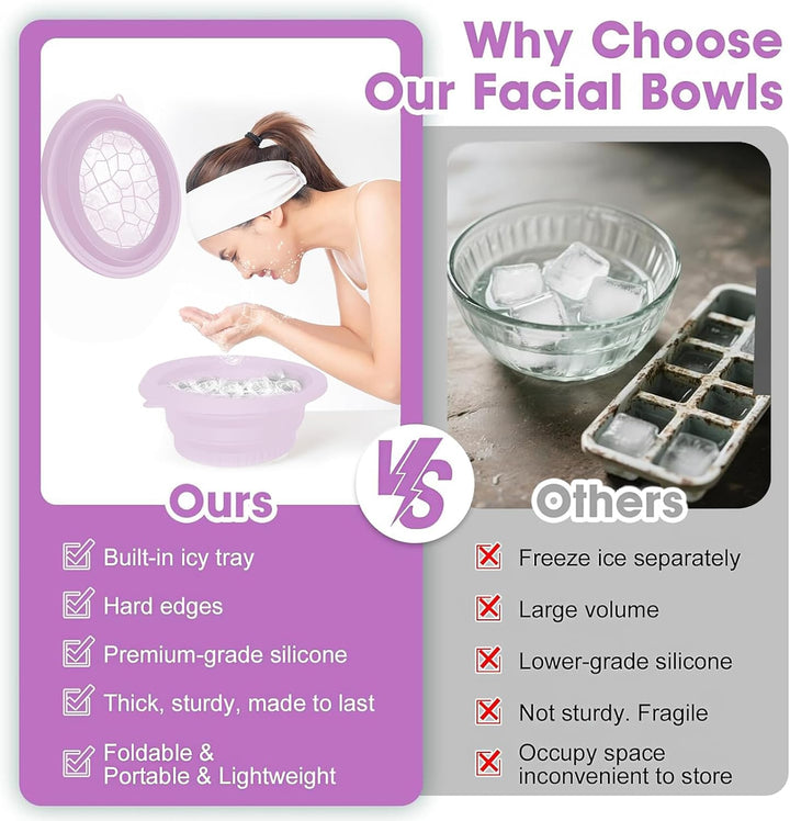 Silicone Ice Bowl for Face, Foldable Face Bowl with Built-In Icetray, Portable Quick Cooling Facial Washing Basin for Soothe Skin, Wash Basin for Home Use or Travel (Purple)