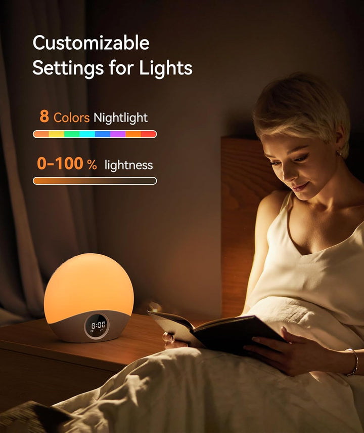 Sunrise Alarm Clock Wake up Light, Sound Machine with 30 Soothing Sounds, Digital Alarm Clock, 8-Colour Night Light for Sleep, Night Feeds & Reading, Dimmable Bedside Lamp for Bedroom & Gift