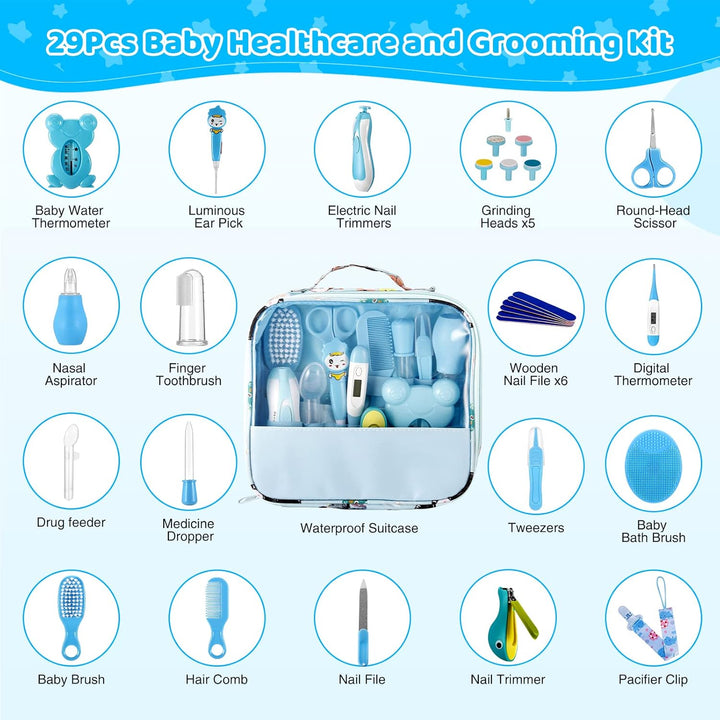 Baby Healthcare and Grooming Kit, 28PCS Upgraded Safety Care Kit, with Hair Brush Comb Nail Clippers and More for Newborn Infant Toddlers Baby (Blue)