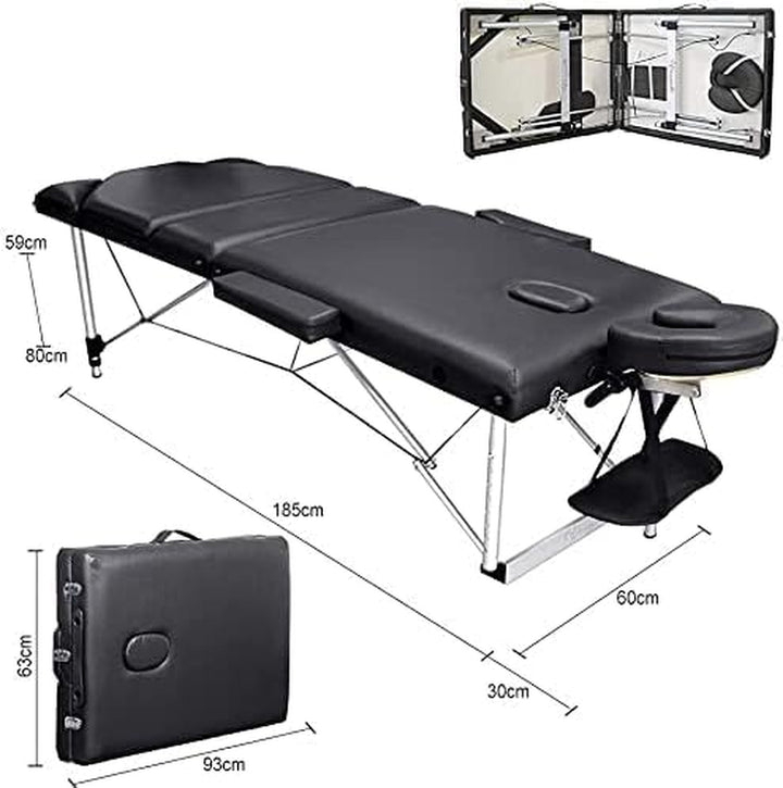 Portable Massage Bed Table - 3-Section Aluminum Foldable Beauty Couch for Reiki Therapy Treatment Salon Healing - Metal Headrest Support/With Carry Bag (Black)