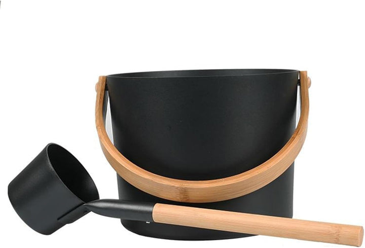 Sauna Bucket and Ladle Set - 7L Luxurious Finnish Sauna Aluminum Bucket with Long Handle Spoon Set, Portable Bucket with Long Handle Ladle Cedar, Matching Ladle Sauna Barrel Bath Accessories (Black)