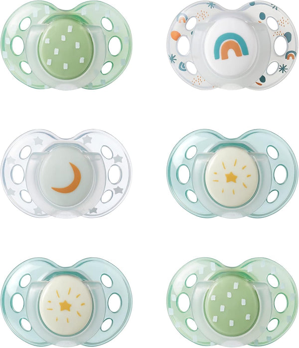 Nighttime Soothers, 18-36M, 6 Pack, Glow in the Dark, Varied Colours and Designs, Symmetrical Orthodontic Dummy, Bpa-Free Silicone Teat