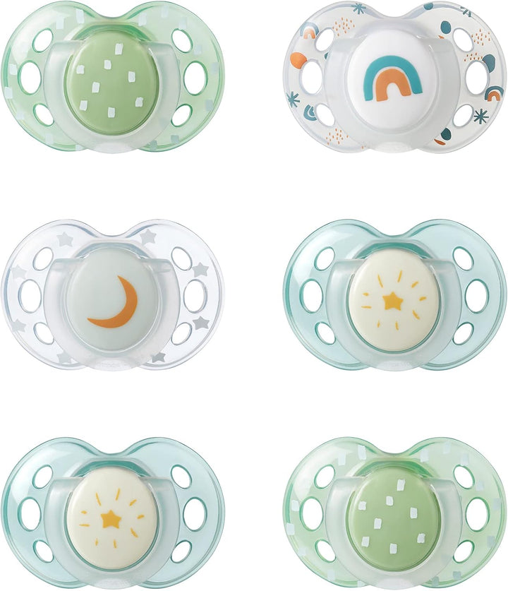 Nighttime Soothers, 18-36M, 6 Pack, Glow in the Dark, Varied Colours and Designs, Symmetrical Orthodontic Dummy, Bpa-Free Silicone Teat