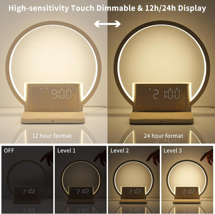 Bedside Lamp, Wake-Up Light, 10 Watt Wireless Charger, Touch Dimmable Table Lamp, Sunrise Alarm Clock, 3 Levels of Brightness, Soothing Sound, Bedroom Sleep Aid for Babies & Adults
