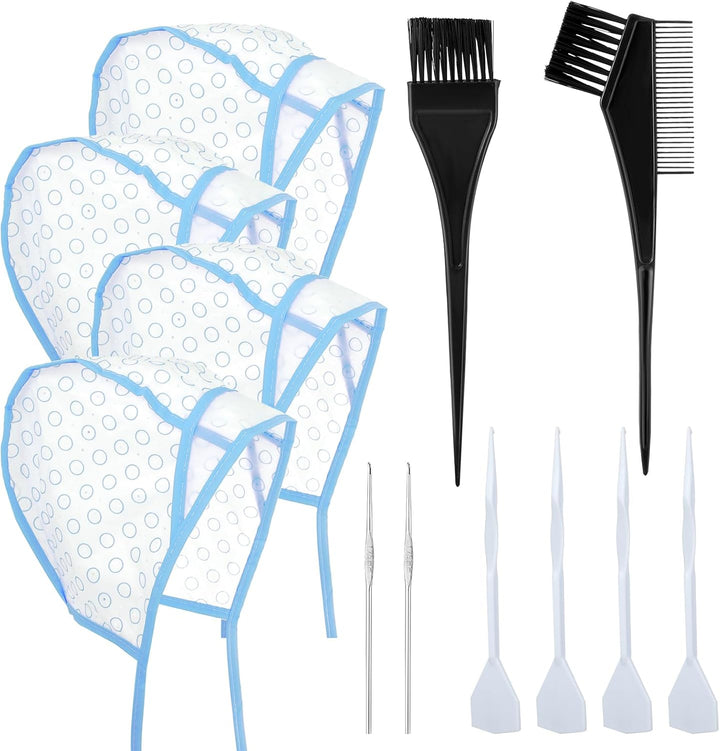 12 Pcs 4 Sets of Highlight Cap with Hooks, Hair Highlighting Caps, Highlight Hair Coloring Frosting Dye Kit for Salon Hair Dyeing Hairdressing (Purple+Blue)