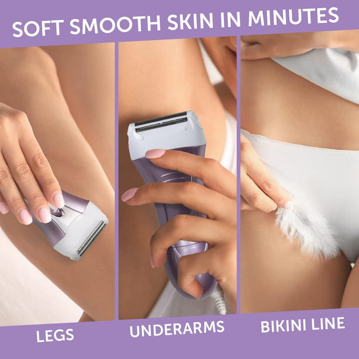 38730 Soft and Smooth Lady Shaver / Painless Hair Removal / Arms, Legs and Bikini Trimmer / Battery Operated / Wet and Dry Shave / Bikini Trimmer Attachment / Stainless Steel Blades