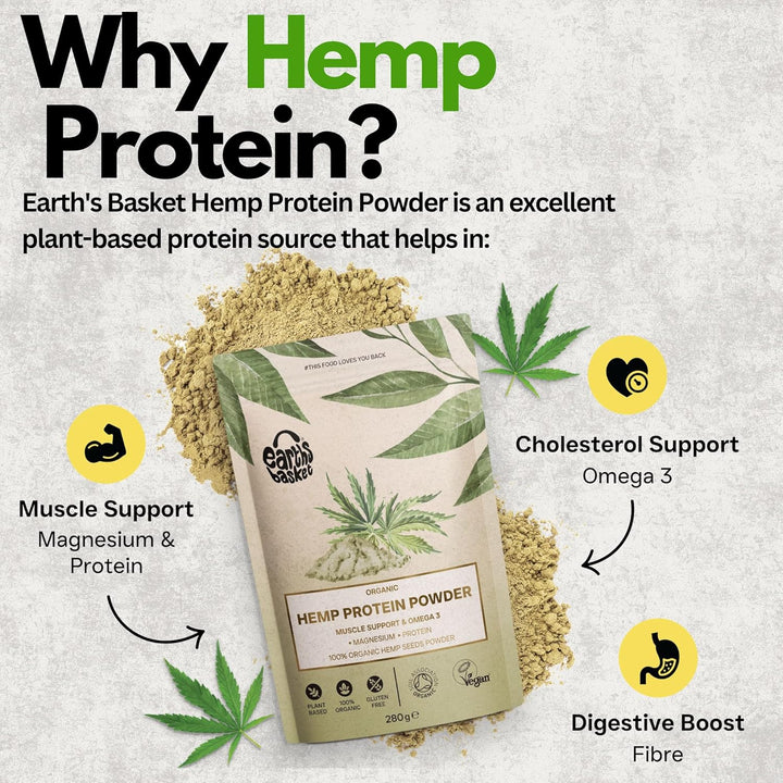 Organic Hemp Protein Powder 280G Natural - Unflavoured, Vegan - Gluten-Free - Plant-Based - High-Fibre - Rich in Omega 3 - Dairy-Free