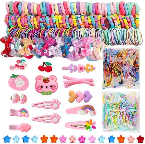 1189 Pcs Hair Bands and Bobbles Set - Colorful Elastic Ties, Cute Clips, No Damage Barrettes Accessories for Girls, Kids and Children with Fine Hair