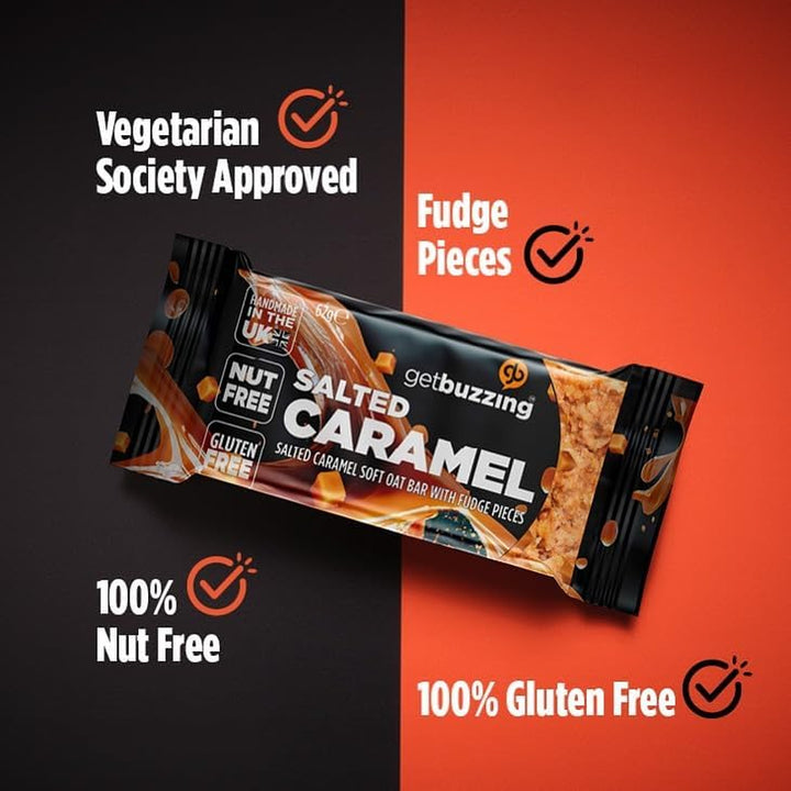 Getbuzzing Nut Free Oat Flapjack Healthy Snack & Energy Bars - Running,Gym, Cycling - Breakfast Snack - Made in the UK - Salted Caramel Pack of 20 X 62G Bars