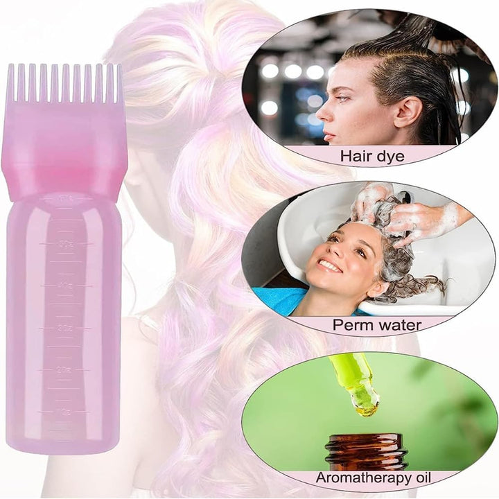 Root Comb Applicator Bottle 6 Ounce, Oil Applicator for Hair Dye, Bottle Applicator Brush with Graduated Scale (Pink)