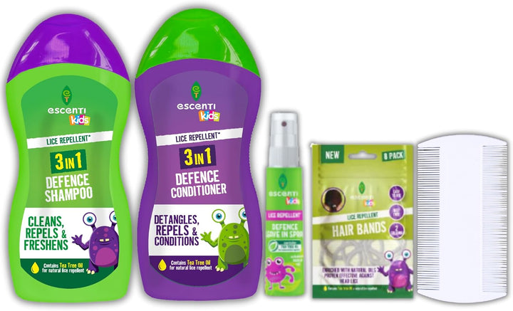 Escenti Kids Head Lice Prevention Bundle: Head Lice Shampoo, Tea Tree Conditioner, Leave-In Nit Repellent Spray for Kids with Tea Tree, Lice Bands 8Pk & Nits Comb - Complete Lice Treatment Kit by GBH