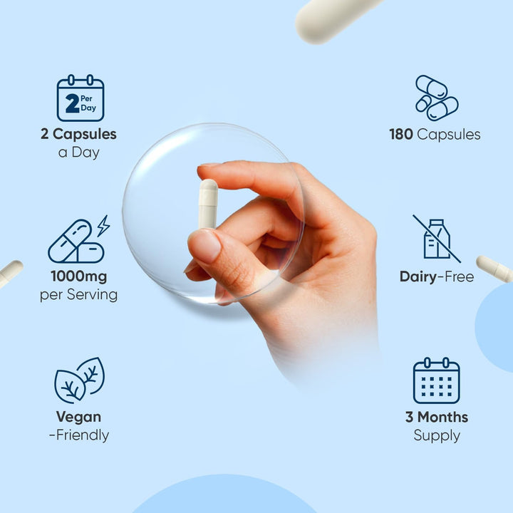 L-Taurine 1000Mg Capsules - 180 Capsules - 3 Months Supply - Amino Acid Taurine Supplement - Easy to Take - Vegan-Friendly, Non-Gmo & Gluten-Free - for Men & Women - Made in EU