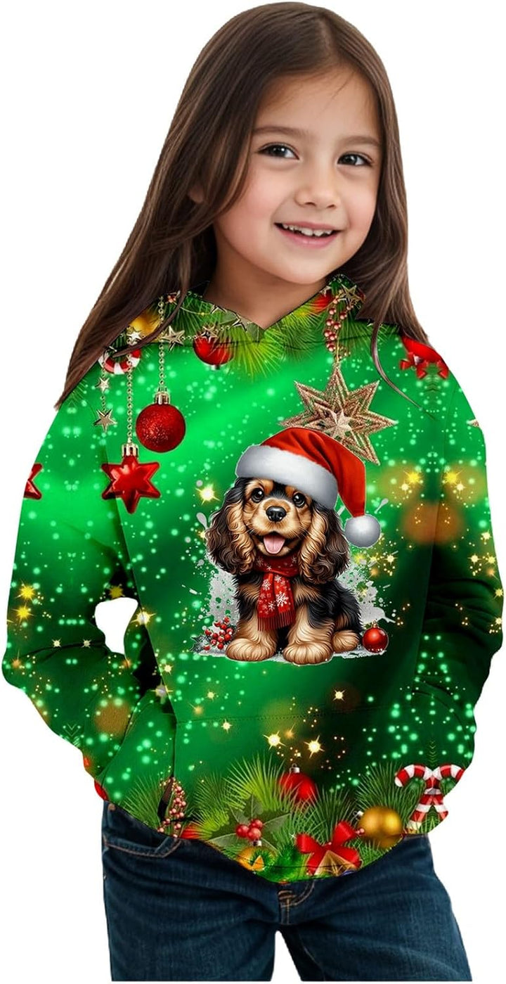 2025 Christmas Print Girls Hooded Sweatshirt Long Sleeve Pullover Top for Winter Holiday Festive Outfit Cozy Fleece Lined Soft Casual Wear