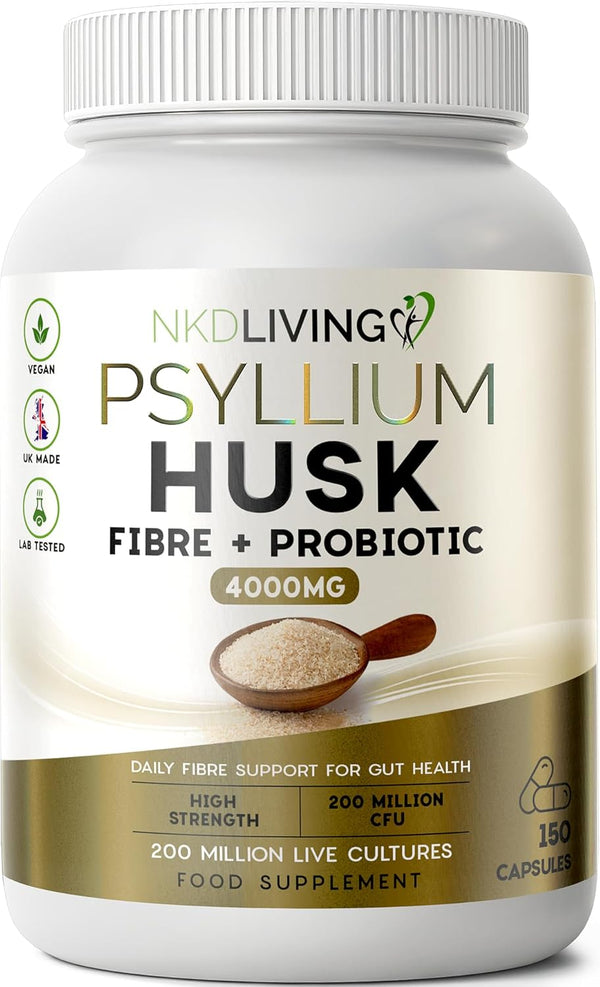 Psyllium Husk Capsules 4000Mg with Lactobacillus Acidophilus | 200 Million CFU | Natural Soluble Fibre | 150 Vegan Capsules