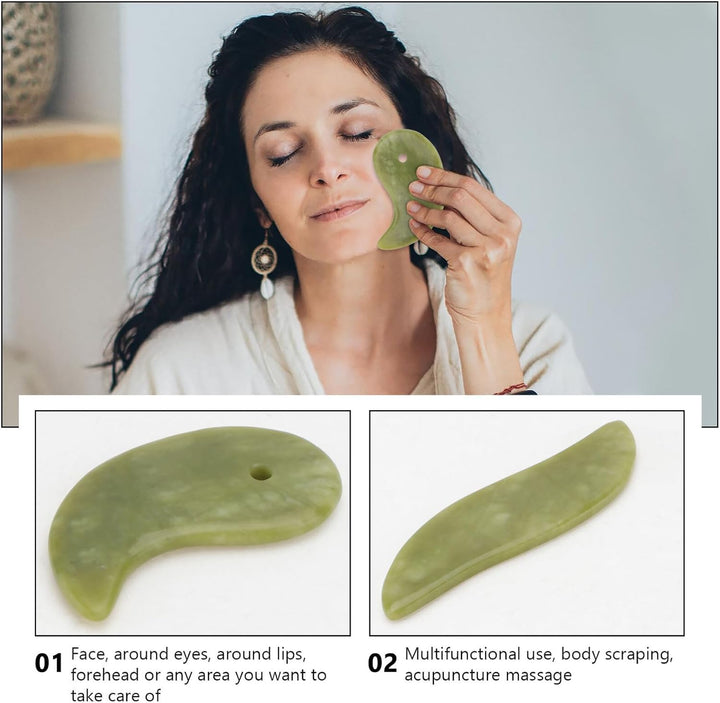 2Pcs Natural Jade Gua Sha Massager for Face Massage Therapy Smooth Scraping Boards Skin-Friendly Firming Tool to Enhance Skincare Absorption and Muscle Relaxation
