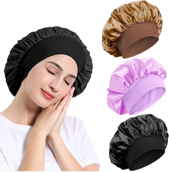 Satin Bonnet, Night Sleep Caps with Wide Elastic Band, Silk Wrap, Soft Head Cover Sleeping Hat for Women and Girls Curly Hair