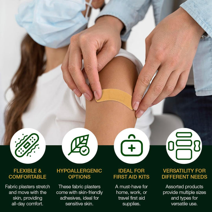 Fabric Plasters Assorted - Box of 100 Individually Wrapped Hypoallergenic Plasters, Latex-Free Adhesive - 5 Popular Sizes for First Aid Kit & On-The-Go Use Medical Supplies