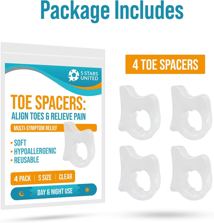 Pinky Toe Spacers for Men & Women – 4 Gel Separators for Overlapping & Curled Little Toes, Bunions, Alignment - Diabetic Foot Care, Silicone Spreader, Corrector & Straightener, Clear
