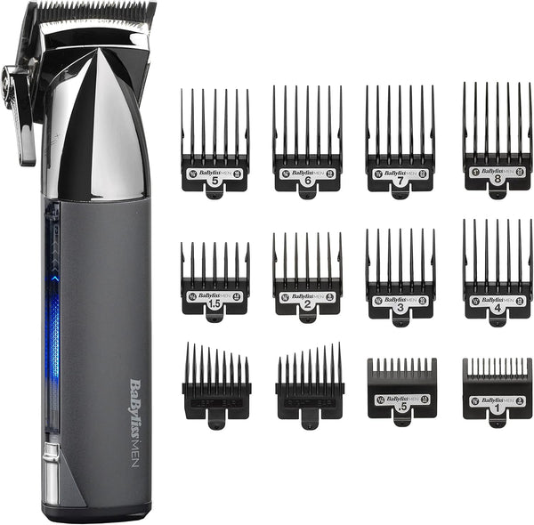 Super-X Metal Series, Cordless Hair Clipper - Japanese Steel Blades, 10 Comb Attachments, 2 Tapered Guides, Lithium Battery, Digital Display, Metal Body, Black, 7700U