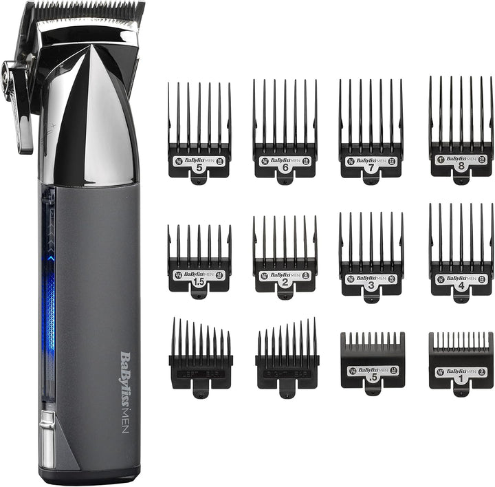 Super-X Metal Series, Cordless Hair Clipper - Japanese Steel Blades, 10 Comb Attachments, 2 Tapered Guides, Lithium Battery, Digital Display, Metal Body, Black, 7700U
