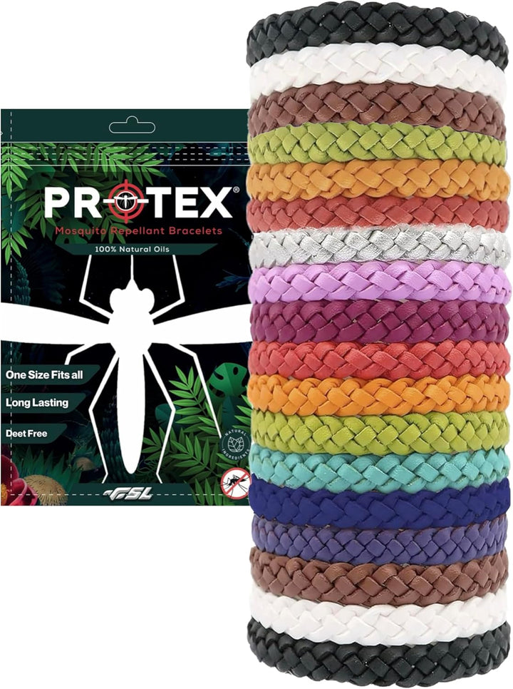 PR0TEX 18 Pack Mosquito Repellent Bracelet, Adjustable Leather Deet-Free Wrist Bands, Powerful Effective Protection, Insect Repellent Bracelets for Adults & Kids, Resealable Pack.