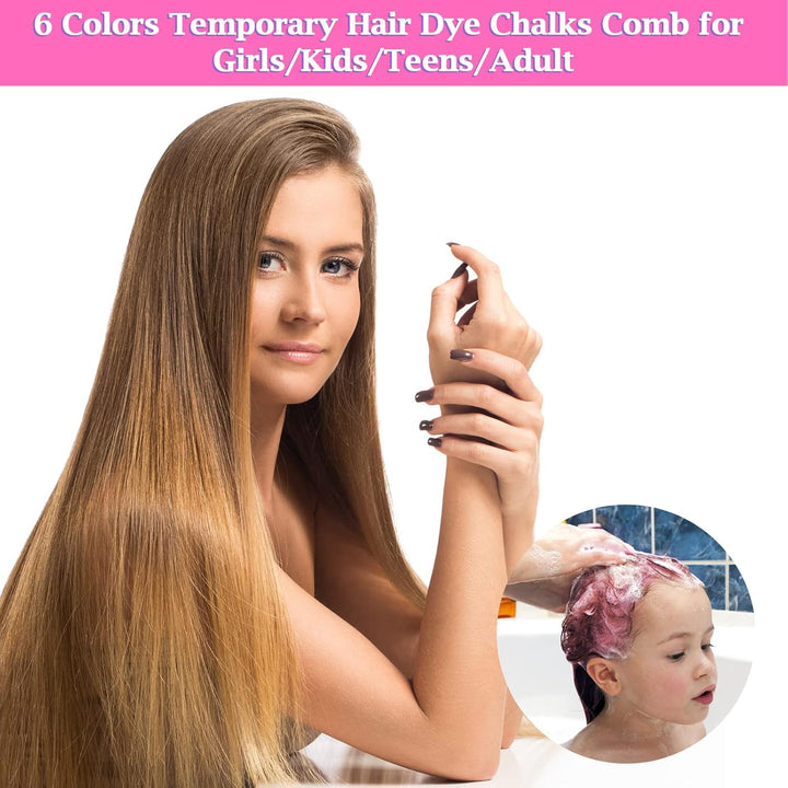 Hair Chalk Comb, 6 Pcs Temporary Non-Toxic Hair Coloring for Kids, Ideal Cosplay, Halloween, Carnival, Birthday Party Gifts for Girls Boys
