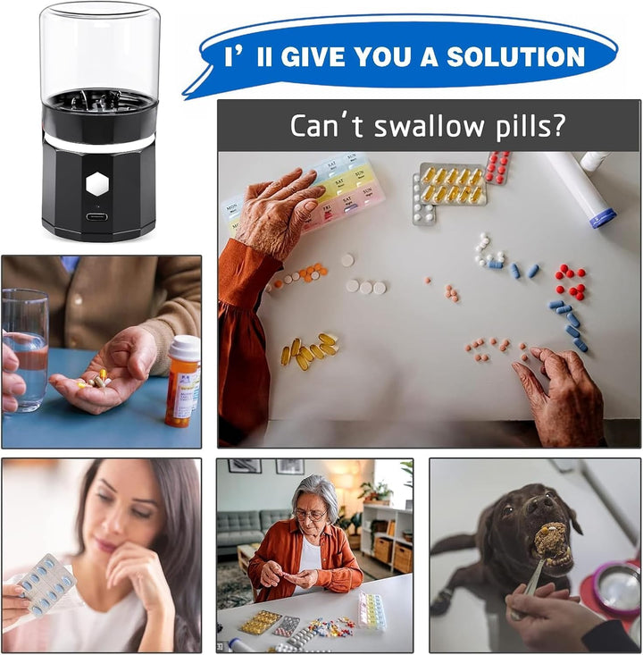 Cordless Small Electric Pill Crusher, Pill Crusher Fine Powder with Stainless Steel Grinding Head, Grind and Pulverize Multiple Pills Extremely Fine, Suitable for Travel, Home, Workplace (Black)