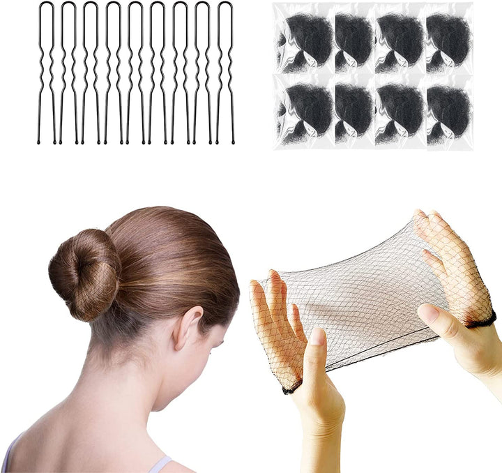 Brown Hair Nets for Buns Kit - 50PCS 50Cm Ballet Bun Nets and 10 PCS U Shaped Bobby Pins, Individual Package, Elastic Edge Mesh for Girls Women Dance Catering Working