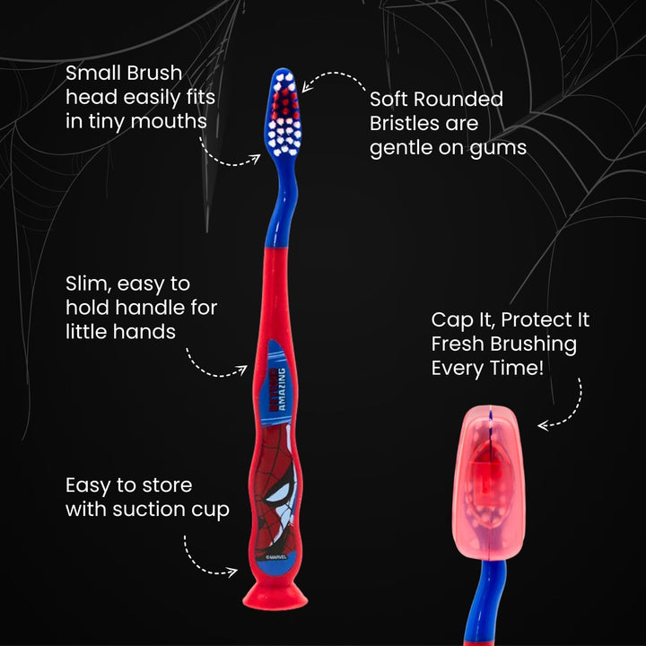 Marvel Spiderman Kids Toothbrush Set - Soft-Bristle Toothbrush with Suction Cup & Protective Cap, Mint-Flavoured Toothpaste, and Multi-Purpose Beaker | Travel-Ready Oral Care Kit for Children Ages 3+