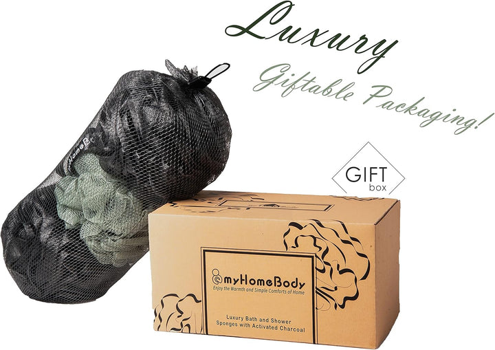 Large 70G Loofah Sponge, Bath Body Scrubber for Women, Men, Exfoliating Shower Pouf with Activated Charcoal - 2 Graphite Gray + 1 Sage Green, 3 Pack