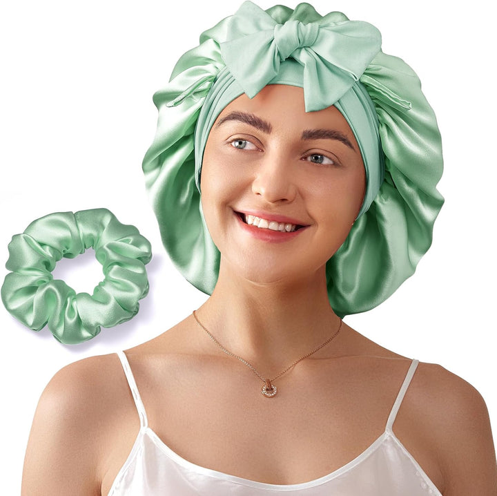 100% Mulberry Silk Bonnet for Sleeping Women, 22 Momme Double-Layered Grade-6A Silk Hair Bonnet for Sleeping, Hair Cap for Sleeping with Tie Band on Head, Includes Scrunchie(Pink)