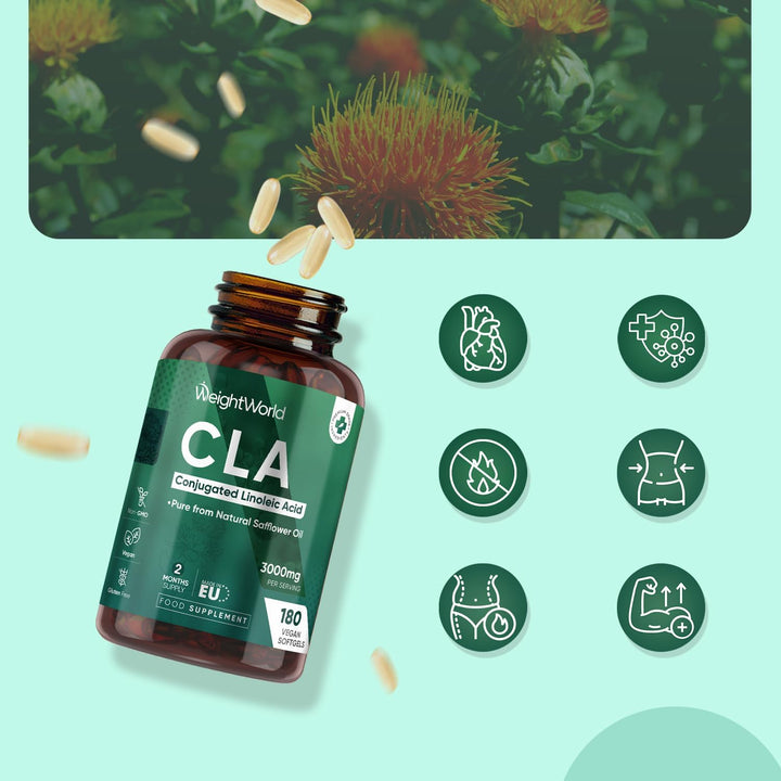 CLA Softgels | 3000Mg per Serving | 80% Active Isomers | 180 Vegan CLA Softgels | Gluten-Free | 2 Months Supply | Made in EU