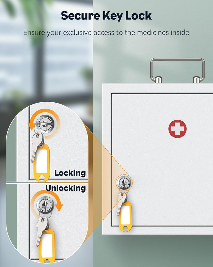 Wall Mount Medicine Cabinet with Key Lock & Handle Locking First Aid Lockable Medical Storage Box Medium Medicine Organizer Secure Steel Wall Cabinet Metal Storage Box, White