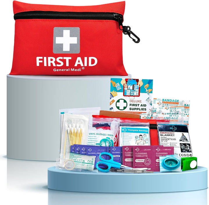 Mini First Aid Kit, 92 Pieces Small First Aid Kit - Includes Emergency Foil Blanket, Scissors for Travel, Home, Office, Vehicle, Camping, Workplace & Outdoor (Red)