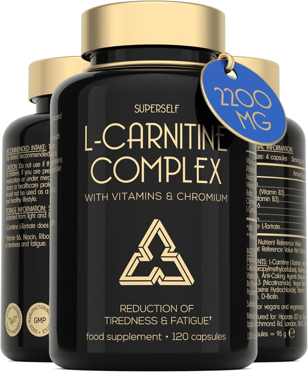 L-Carnitine Capsules 2200Mg - High Strength L-Carnitine Complex with Vitamins D & B - Pre-Workout Energy Supplement - Reduces Tiredness & Helps Metabolism - 120 Tablets - UK Made L Carnitine Tartrate