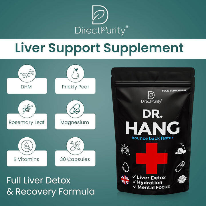 Dr Hang - after Party Recovery Supplement – DHM, Prickly Pear,Rosemary Leaf, Magnesium & B Vitamins – 30 Capsules – Full Liver Detox Formula