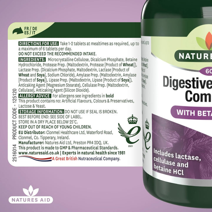 Digestive Enzyme Complex – Supports Digestion, Bloating & Discomfort Relief and Nutrient Absorption – Betaine Hcl - Vegan, Vegetarian, Non-Gmo – 60 Tablets