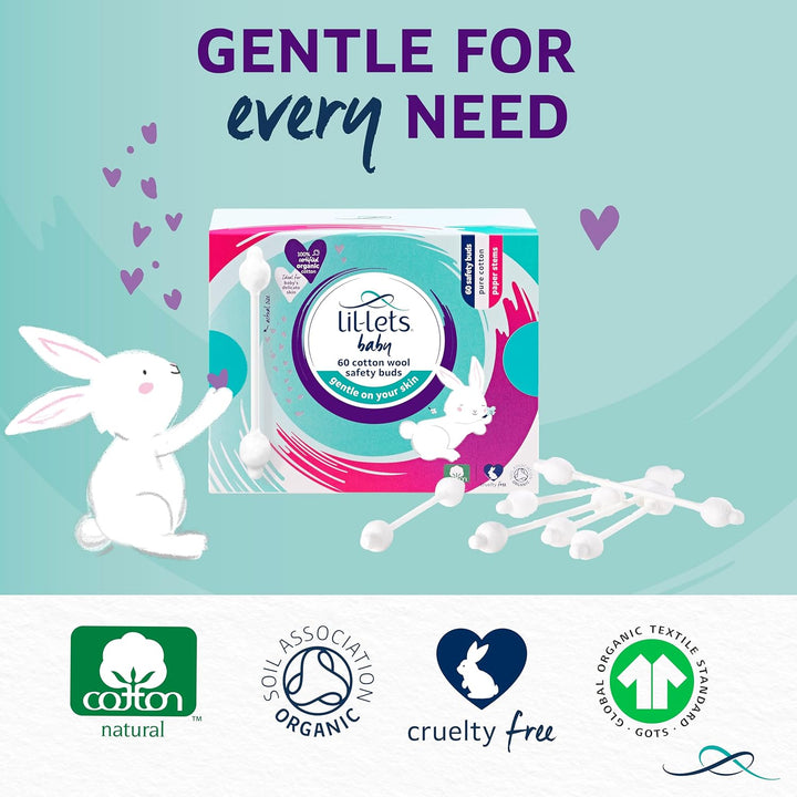 Baby Wool Safety Buds, 1 X Pack of 60, Certified Organic, 100% Pure Wool Tips, Durable Paper Stems, Plastic Free Cotton Buds, Dermatologically Tested.