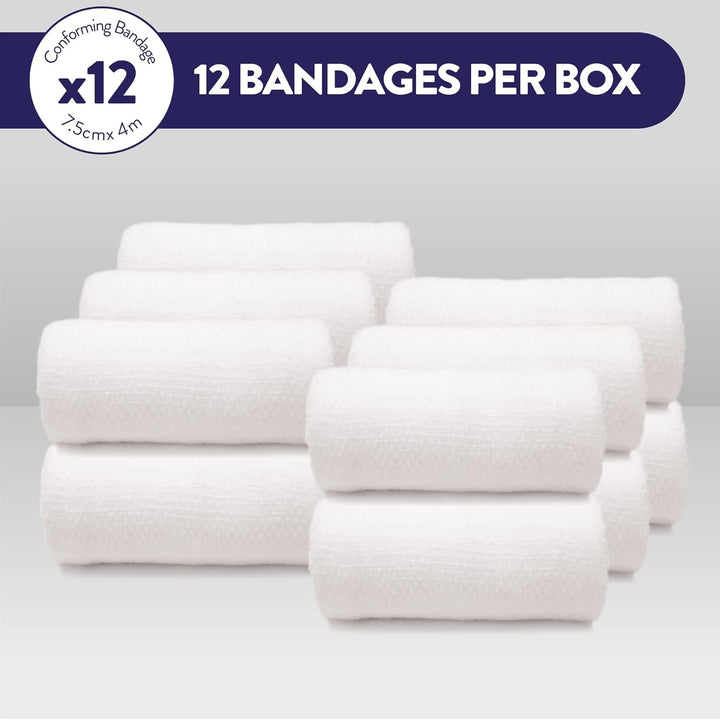 Conforming Bandage, Gauze Bandage Roll 7.5Cm X 4M - Pack of 12