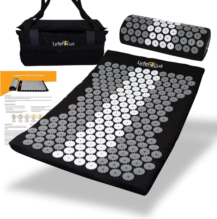 Acupressure Mat & Pillow Set with Travel Bag - Cushioned Spike Acupuncture Massage Mat for Back, Neck & Shoulder Pain Relief - Easing Muscle Tension & Stress (Black & Black)