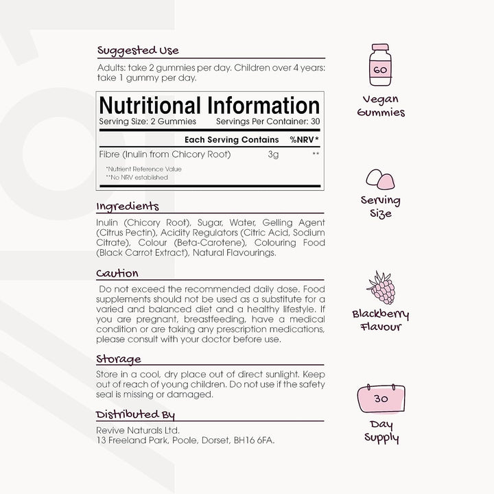 Prebiotic Fibre Gummies 3G - 60 Vegan Gummies - Chicory Root Inulin, Blackberry, Strawberry & Peach Flavour (30 Day Supply) by