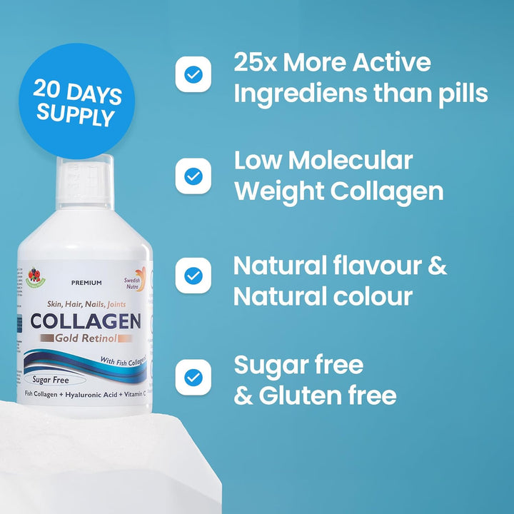 - 12,500 Mg Hydrolyzed Marine Collagen & Gold Retinol Liquid Supplement - 500 Ml Pack, 20 Day Supply | Pure Peptide & Hyaluronic Acid for Healthy Hair, Skin, Nails & Joints I Sugar-Free