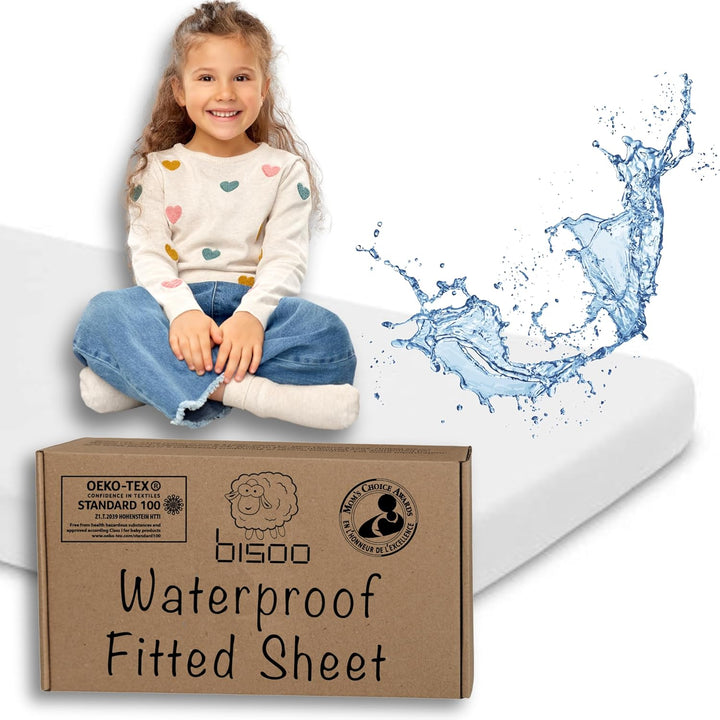 Toddler Bed Waterproof Fitted Sheet 130 X 80 / 32X52-2In1 Fitted Sheet Mattress Protector Made of 100% Jersey Oeko-Tex + PU for Junior Cot Bed - Soft & Silent - White