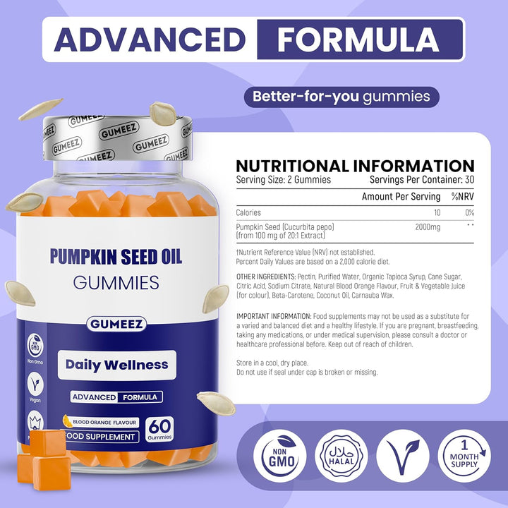 Pumpkin Seed Oil Gummies 2,000Mg - High Strength for Prostate & Bladder Support and Hair & Nails Nourishment - Delicious Blood Orange Flavour - 30 Day Supply - Vegan Food Supplement