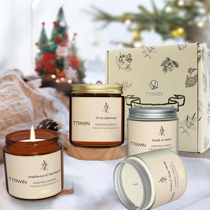 Scented Candles Gift Set, 4 Pack Natural Soy Candles: Jasmine & Ylang Ylang, Sandalwood & Patchouli, Fir & Cedarwood, Vanilla & Amber, Aromatherapy Gift for Christmas Birthday