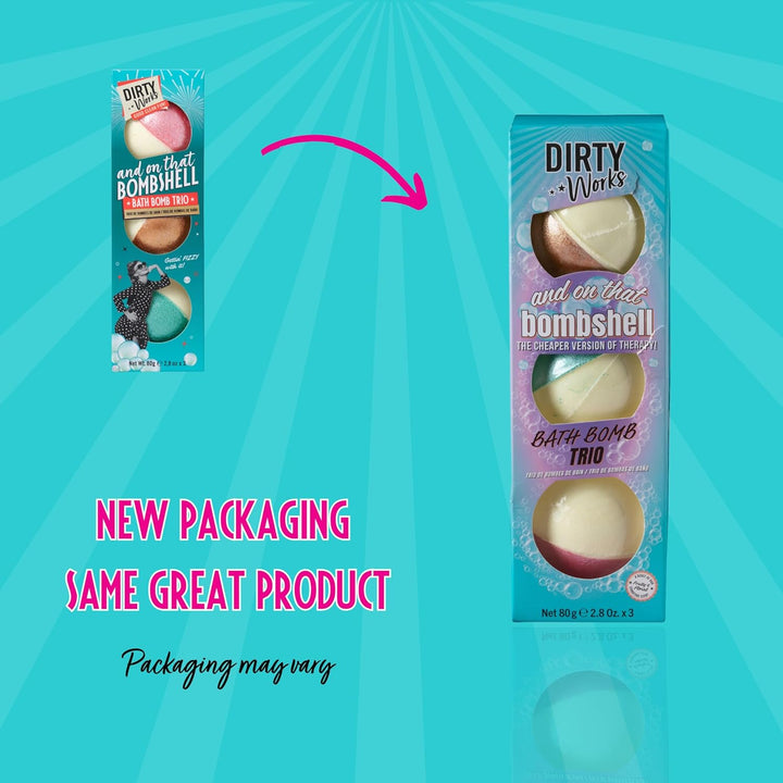 Dirty Works Trio Bath Bombs Gift Set – 3 Fizzing Bath Bombs with Essential Oils – Relaxing Aromatherapy Soak – Fun, Colorful & Moisturizing – Perfect Pampering Gift for Women & Teens