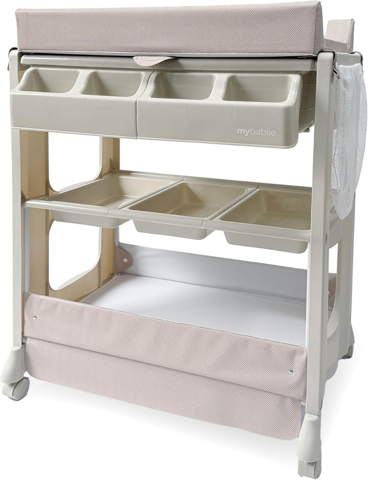 Baby Changing and Bath Unit - from Birth to 11Kg, Nursery Changing Station with Mat for Newborn, Infant Table with Water Basin and Storage - Oatmeal Herringbone