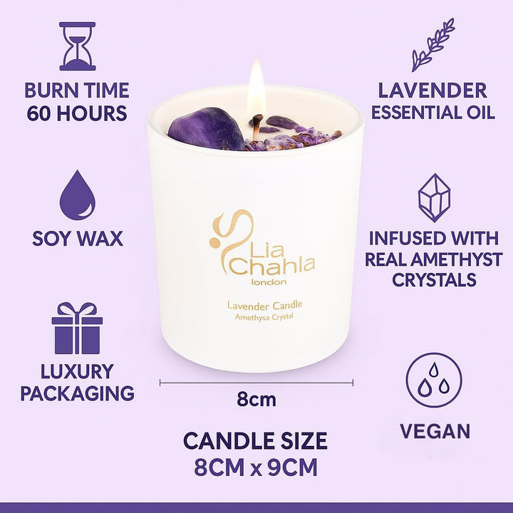 Lavender Soy Candle Gifts for Women | Infused with Amethyst Crystals and Florals | Aromatherapy Spiritual Healing & Anxiety Relief, Christmas Gifts (Lavender/Amethyst, 10 OZ)